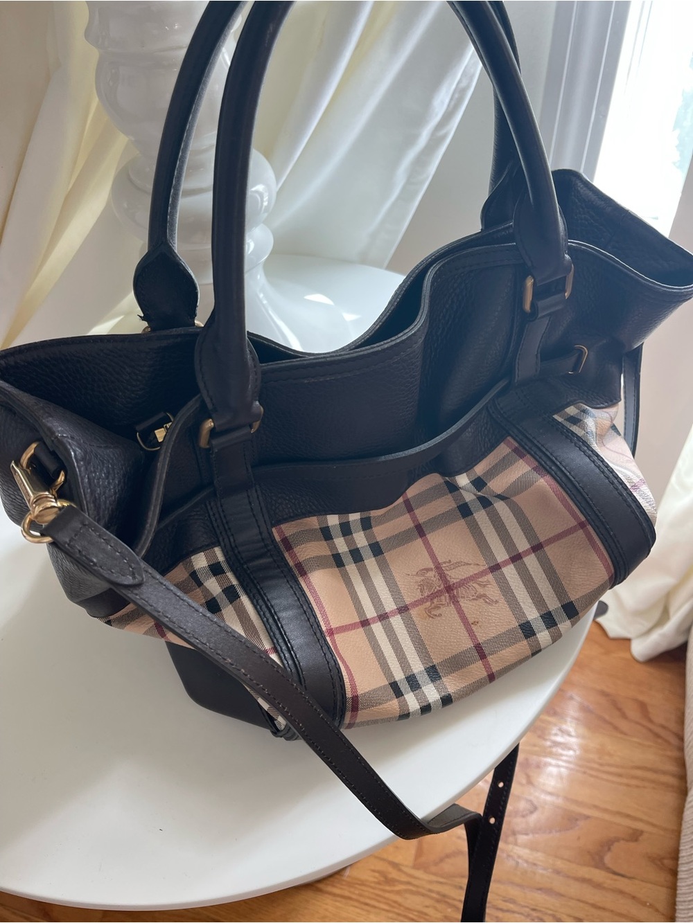 Burberry Black Leather and Beige Check Satchel - Picture 3 of 9